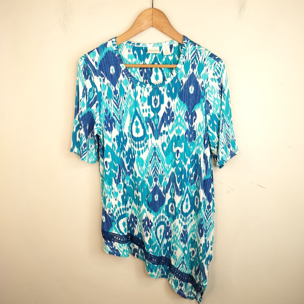 Chico's Ikat Print Tunic Top Womens 1 / Medium Asymmetrical Crochet Boho Blue